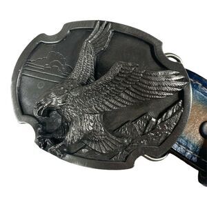 Vintage Country Dixie Stitched Turquoise Blue Leather Belt Eagle Buckle Size 40